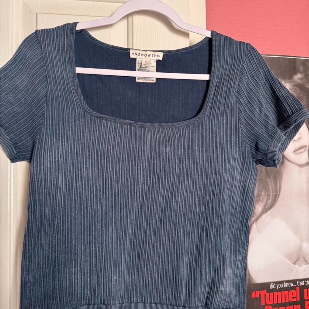 And Now This Blue Ribbed Square-Neck Short Sleeve Top
